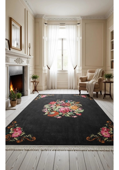 Çiçek Motifli Modern Halı Dekoratif Kilim Siyah