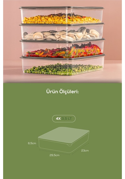 Vienev 4'lü 3,5 Litre Buzdolabı Düzenleyici Organizer Mikrodalgaya Uygun Difriz Saklama Kabı Gri Gri