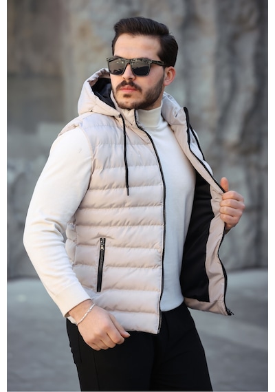 Mero Life Erkek Bej Standart Fit Çıkarılır Kapüşonlu Cepli Fermuarlı Şişme Yelek