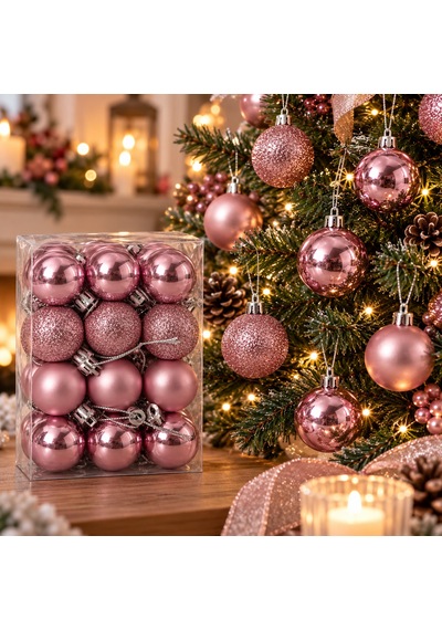 Bakgelal 24 Adet Pudra Pembe Yılbaşı Ağaç Süsü Seti - 3 Cm Parlak, Mat Ve Simli Mini Çam Ağacı Topu Seti - 9059724709127 Diğer