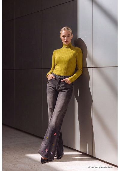 Kadın Koyu Kot 2w6-195 Flare Fit Emoji Icon Detaylı Tasarım Esnek Kumaş Denim Jean