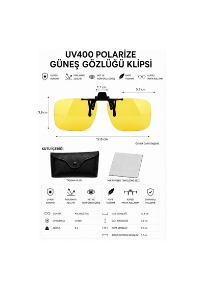 Polarize Güneş Gözlüğü Klipsi Uv400 Korumalı Gözlük Üstü Klips Hafif Mekanizmalı - Sarı Çerçevesiz