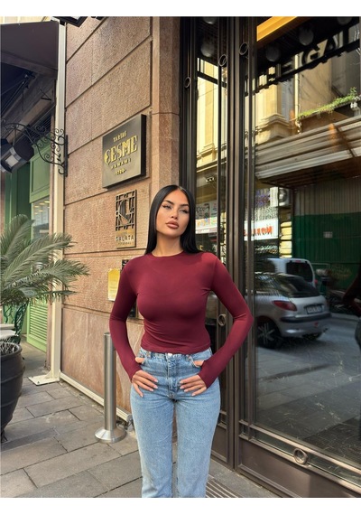 WeShaya Kadın Bordo Bisiklet Yaka Uzun Kollu Parmak Geçmeli Viskon Badi Tişört Bordo