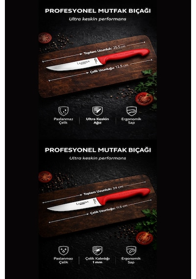 Silver Pro Seri Mutfak Bıçak Seti 10 Parça Et Börek Şef Bıçağı Kırmızı