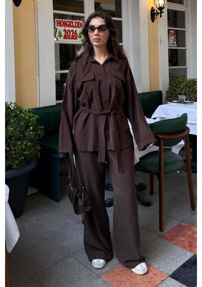 Seeh Kahverengi Uzun Kollu Oversize Kadın Takım Sh338 Standart