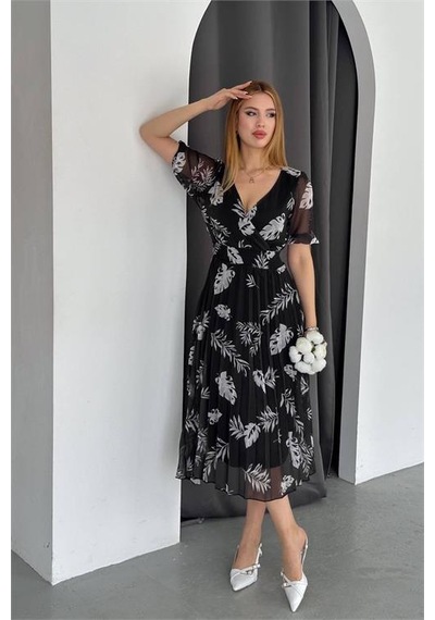 Dip Moda Kadın Siyah Desenli Şifon Elbise Dpnbq005 Siyah