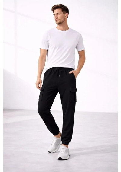 Efnaz Style Erkek Jogger Eşofman Altı Regular Fit , Kargo Cepli, Lastikli Paça, Günlük Spor Pantolon - Siyah