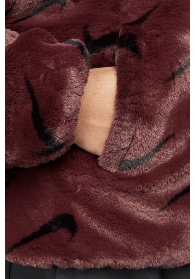 Nike Sportswear Loose Fit Printed Faux Fur Jackret Geniş Kalıp Suni Kürk Kadın Ceket Bordo Bordo