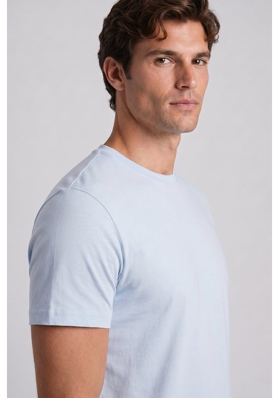 Sabri Özel Buz Mavi %100 Pamuk Bisiklet Yaka Düz Renk Basic T-shirt