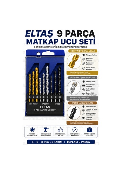 9 Parça Matkap Ucu Seti 5-6-8 Mm Metal Beton Ahşap Delme Uç Seti Hss Twist Masonry Wood Profesyonel