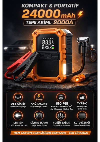 Merwish 24000 Mah Akü Takviye Cihazı 2000a Tepe Akımı Hava Kompresörü 150 Psı Powerbank Led Işık Type-c Şarj Dijital Ekran Eh03