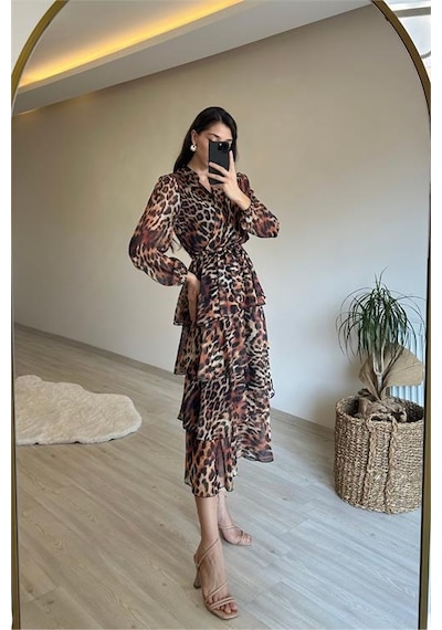 Neşeli Butik Kadın Leopar Desenli Kat Kat Volanlı Şifon Elbise Nm014 Kahverengi