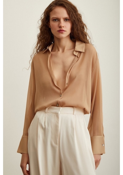 Never More V Yaka Tül Gömlek Nude Ten Rengi