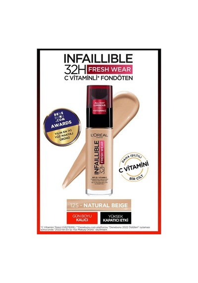 L'Oreal Paris Infaillible 32H Fresh Wear C Vitaminli Fondöten 125 Natural Beige + Mini Paradise Maskara 4.7 ML