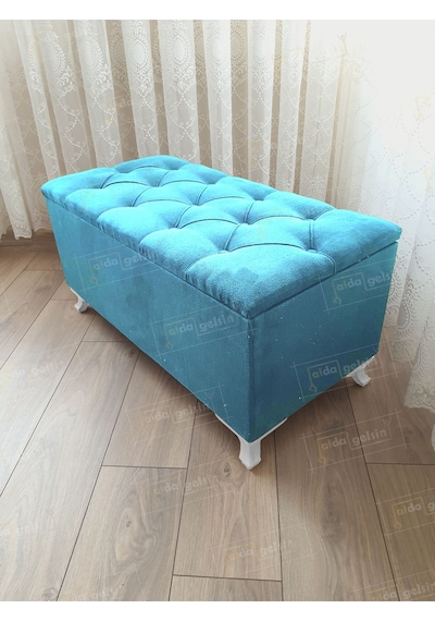 Lüks Sandıklı Kapitone Puf Bench Ayakucu Koltuk Mavi