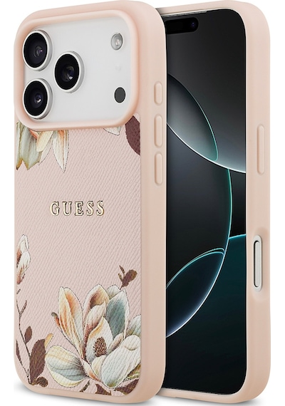 Apple Uyumlu iPhone 17 Pro Kılıf Guess Lisanslı M-safeli Taneli Çiçek Tasarımlı Metal Yazı Logolu Pembe Pembe