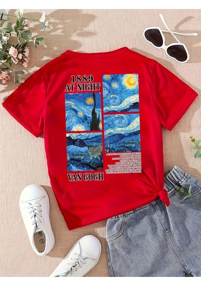 Unisex Van Gogh Yıldızlı Gece Sırt Baskılı Oversize T-shirt Kırmızı