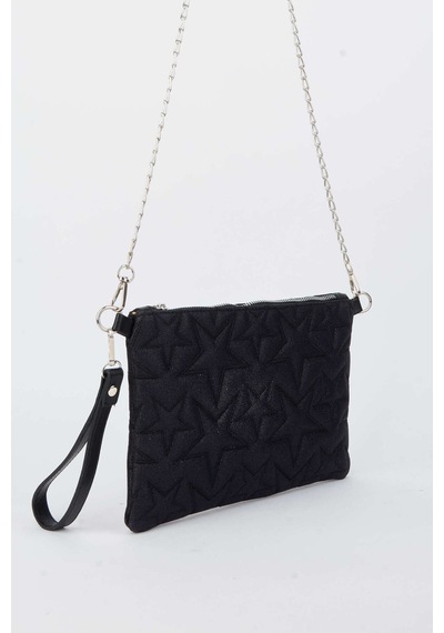 Vivaq Kadın Siyah Simli Yıldız Nakışlı Suni Deri Bilek Ve Zincir Askılı Portföy El Ve Clutch Çanta