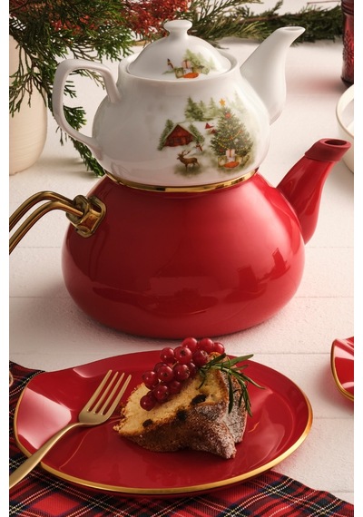 Emsan Christmas Kırmızı Emaye Midi Çaydanlık Takımı