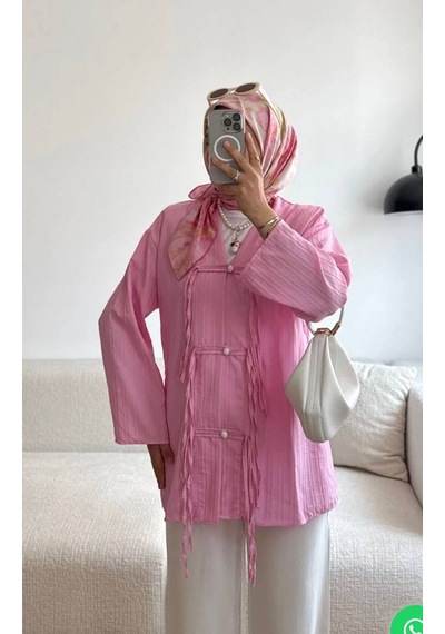 By Nursel Çiçek Kadın Premium Kruvaze Yaka Dügme Detaylı Tunik-kimono Pembe