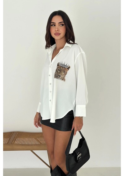 Asprin Fashion Kaplan Desen Taç Baskılı Taşlı Gömlek Beyaz