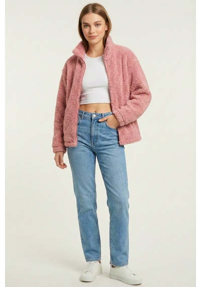 Kadın Peluş Tam Fermuarlı Cepli Sherpa Kuzu Kumaş Oversize Peluş Polar Sweatshirt Pembe