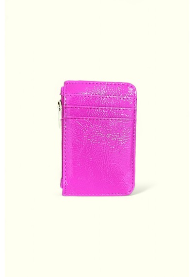 Me-vo Mini Cüzdan, Fermuarlı Kartlık, Parlak Pembe Deri, Çoklu Kart Bölmeli Pembe