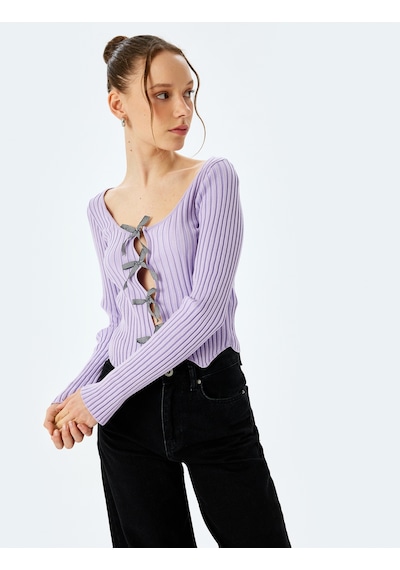Koton Fiyonklu V Yaka Slim Fit Crop Triko Hırka Lila 5sal90020ht Lila