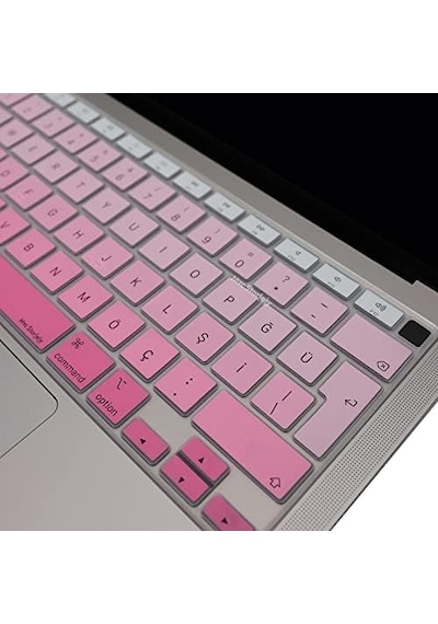 Macbook Air 13 Retina Türkçe Q Klavye Koruyucu Uk Ters L Enter A1932 A2179 A2337 M1 Uyumlu Silikon Keyboard Cover Touch Id Pembe