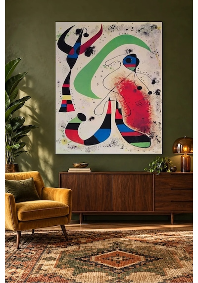 Fida Miro Yeşil Hilal Ve Kırmızı Lekeli Gece Canvas Tablo Çok Renkli