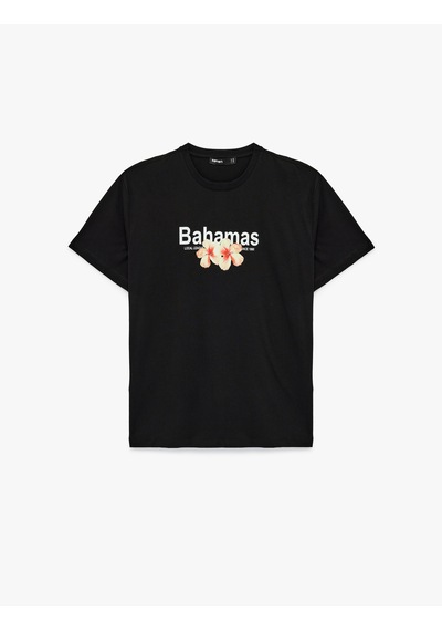Koton Pamuklu Kısa Kollu Bisiklet Yaka Çiçek Baskılı Oversize Tişört Siyah 6sak50041ek Siyah