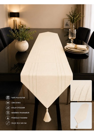 Lexroo Runner Leke Tutmaz Dertsiz Kumaş Dekoratif Çeyiz Krem35 X 140 Cm Çok Renkli