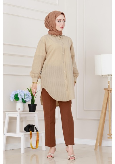 Sevitli Göğüsü Taş Detaylı Oversize Tunik-bej-5226 Bej