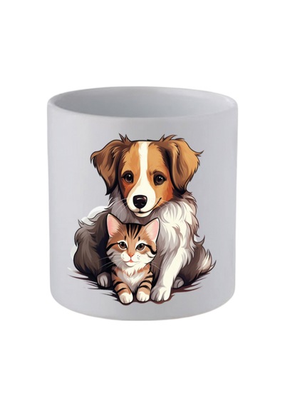 Kedi Ve Köpek Baskılı Kulpsuz Kupa Bardak - Hediye Kahve Kupası, Su Bardağı Beyaz