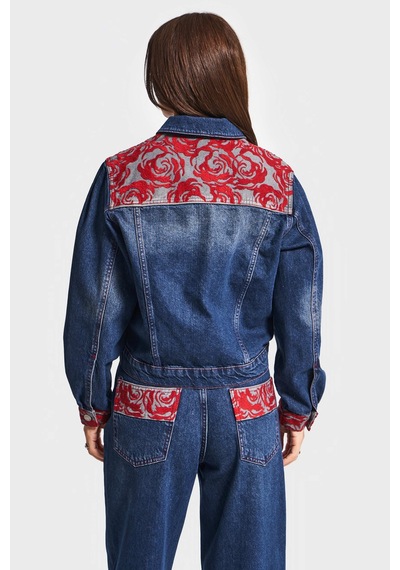 Kadın Koyu Kot Rengi 2w5-10 Özel Kırmızı Desen Nakışlı %100 Koton Tasarım Denim Ceket Koyu Kotrengi