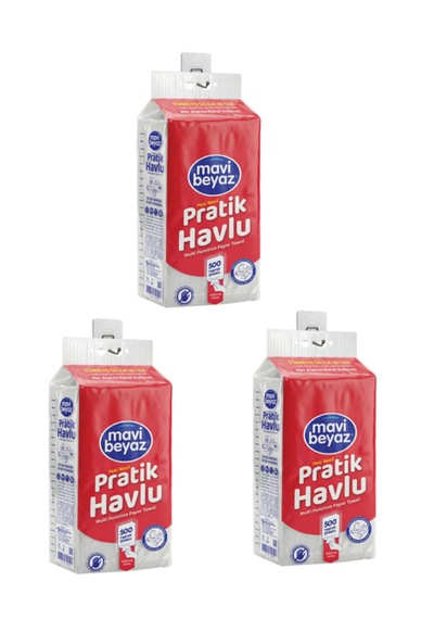 Mavi Beyaz Pratik Havlu 3 Adet 500 Yapraklı - Yeni Nesil Çok Amaçlı Kağıt Havlu Asma Aparatı Hediyeli