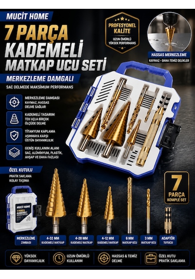 Mucit Home 7 Parça Merkezleme Damgalı Kademeli Matkap Ucu Sac Delme Seti Özel Kutulu