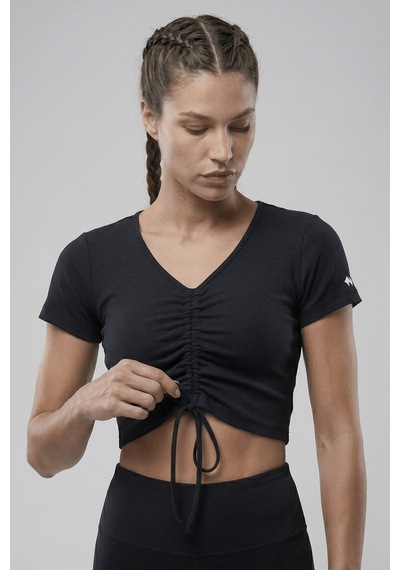 Woneagle Lacivert V Yaka İp Büzgülü Crop Basic Tişört Lacivert Lacivert