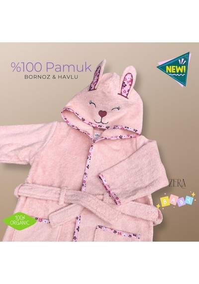 Bebek Bornoz Kapişonlu & Bebek Havlu Set %100 Organic Pamuk Yumuşacık Nakış Desenli 2 - 4 Yaş