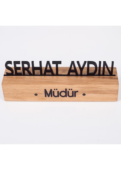Masif Kayın Ahşap Masaüstü İsimlik Standı Siyah Akrilik Masa İsimliği