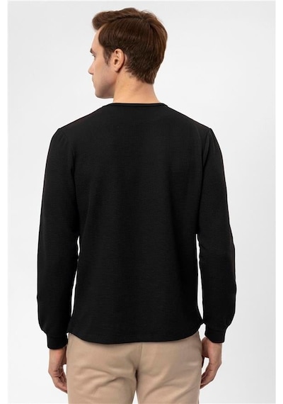 Süvari Siyah Slim Armürlü Bisiklet Yaka Sweatshirt Siyah