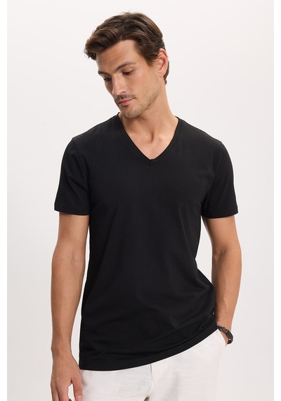 Tudors Erkek Slim Fit Dar Kesim Pamuklu Yumuşak Dokulu Likralı Esnek Kumaş Düz Basic Siyah V Yaka Tişört-16654 Tudors Erkek Slim Fit Dar Kesim Pamuklu Yumuşak Dokulu Likralı Esnek Kumaş Düz Basic Siyah V Yaka Tişört-16654