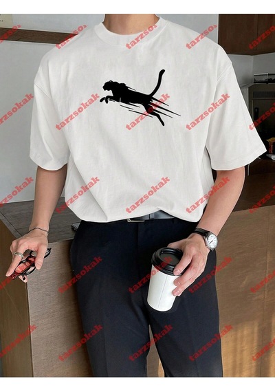 Startmore Unisex Jaguar Baskılı Tshirt Beyaz Beyaz