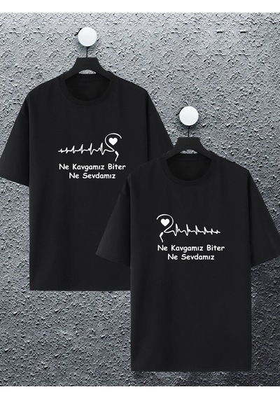 Unisex Kadın Erkek Ne Kavgamız Biter Ne Sevdamız Çift Kombini Tasarım Oversize T-shirt 2'li Set Siyah Mck2475 Siyah