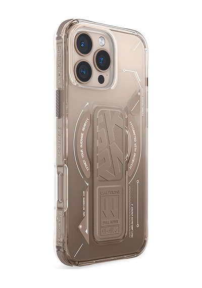 Apple Uyumlu iPhone 16 Pro Max Kılıf Magsafe Şarj Özellikli Teknoloji Desenli Standlı Skinarma Helio Kapak Gold