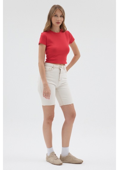Urbantrendstore Kadın Bisiklet Yaka Likralı Kısa Kol Body Crop Bluz Günlük Şık Sade Yazlık Casual Crop Kadın Crop Kırmızı