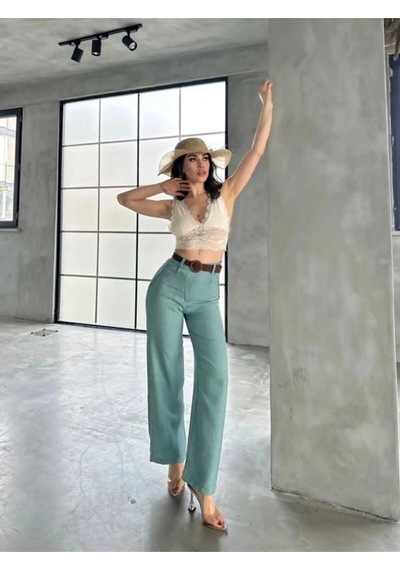 Tane Tasarım Kadın Yazlık Trend Beli Kemerli Keten Pantolon Su Yeşili Su Yeşili