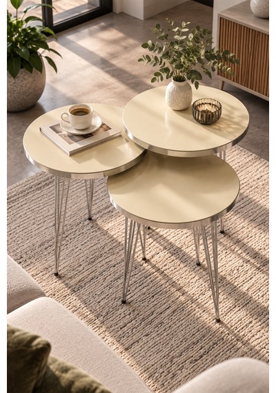 Sulorahome Gümüş Tel Ayaklı Krem Bej 3'lü Zigon Sehpa Takımı