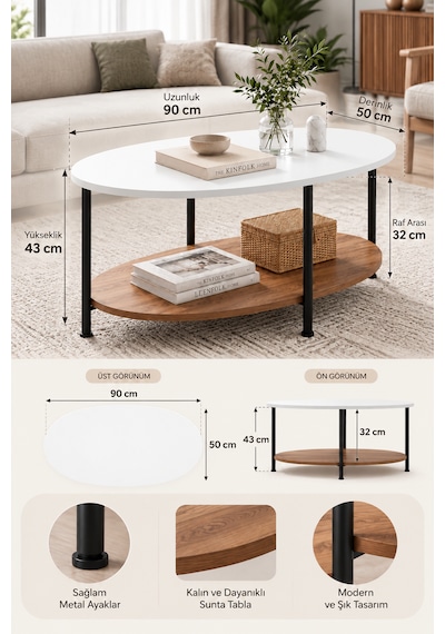 Oval Orta Sehpa 90 Cm İki Katlı Raflı Metal Ayaklı Modern Dekoratif Salon Sehpası Beyaz - Çam Oval Orta Sehpa 90 Cm İki Katlı Raflı Metal Ayaklı Modern Dekoratif Salon Sehpası Beyaz - Çam