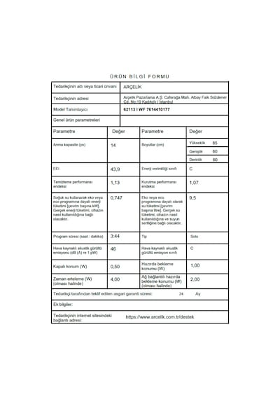 Arçelik 62113 I WF 11 Programlı 14 Kişilik Bulaşık Makinesi